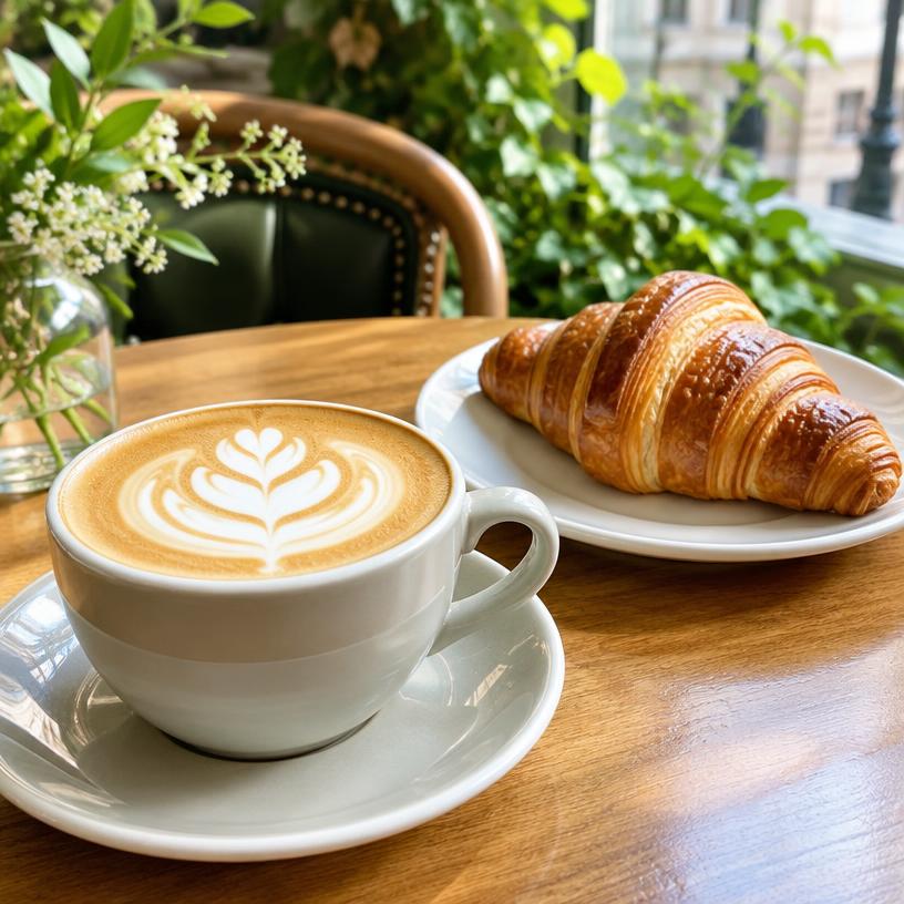 Kaffee und Croissant im Beispielcafé