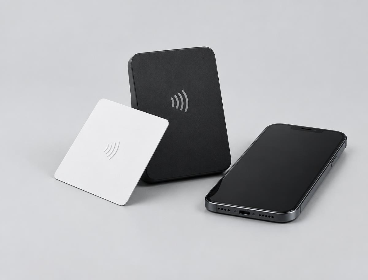 Illustrative NFC-Karte und NFC-Aufsteller mit Smartphone