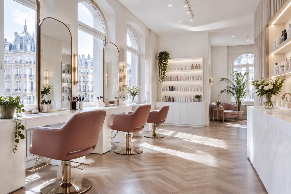 Eleganter Beauty Salon mit Spiegeln und Stylingplätzen – fiktives Beispiel