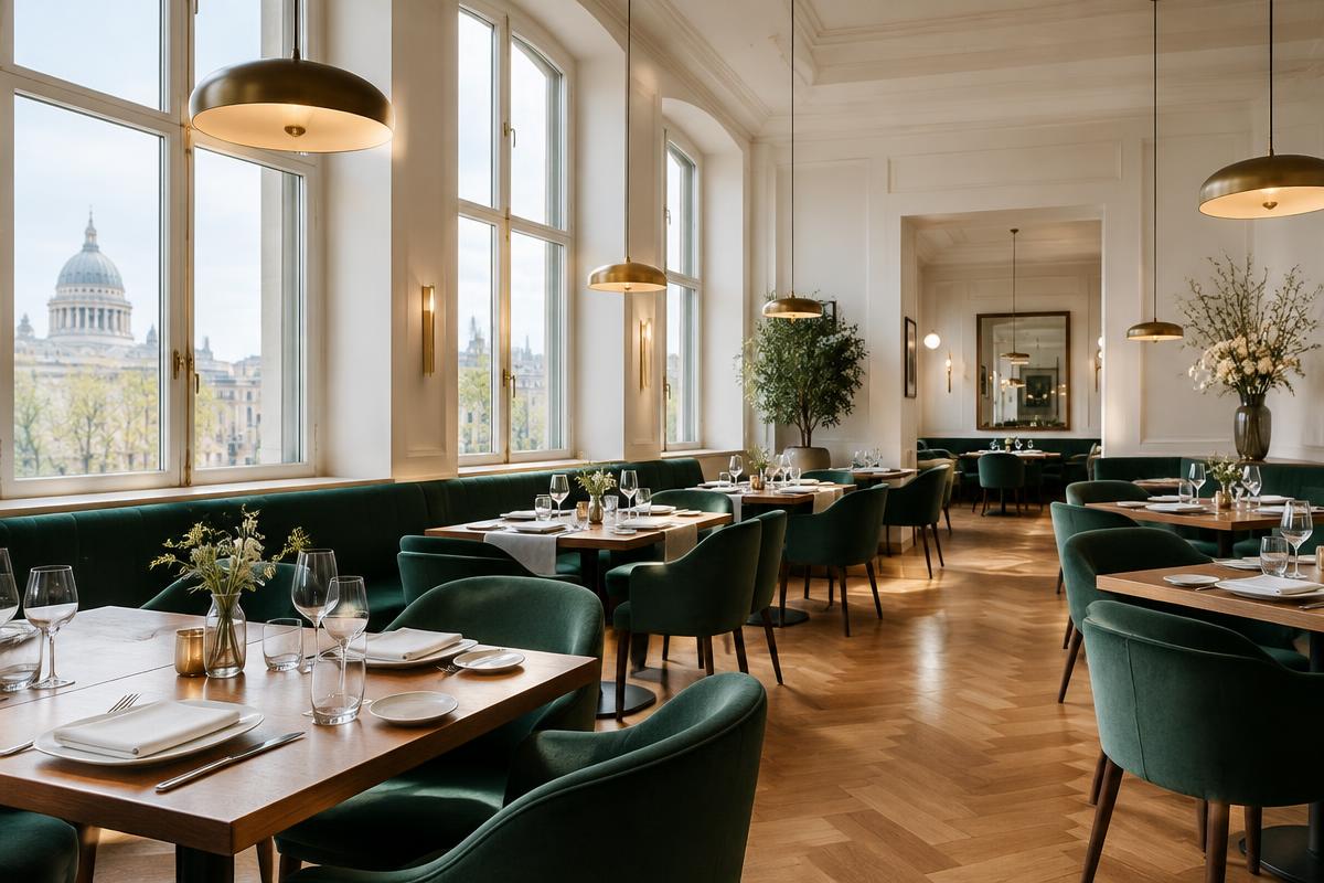Stilvolles Restaurant mit gedeckten Tischen – fiktives Beispiel