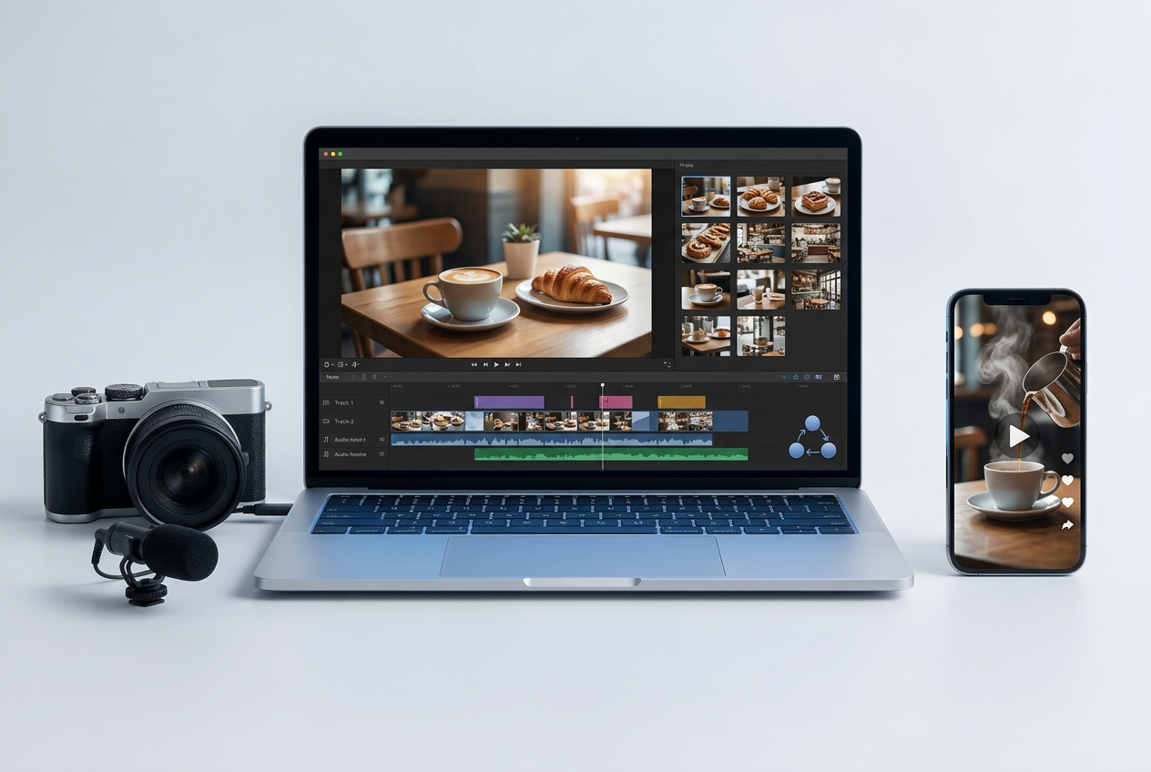 Illustrativer Content-Creation-Arbeitsplatz mit Videoschnitt, Kamera, Mikrofon, Social-Media-Reel und Automatisierung