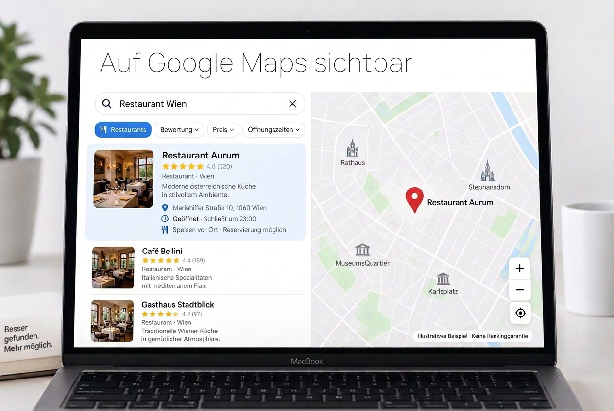Illustrative Google-Maps-Suche mit dem fiktiven Restaurant Aurum und hervorgehobenem Kartenpunkt